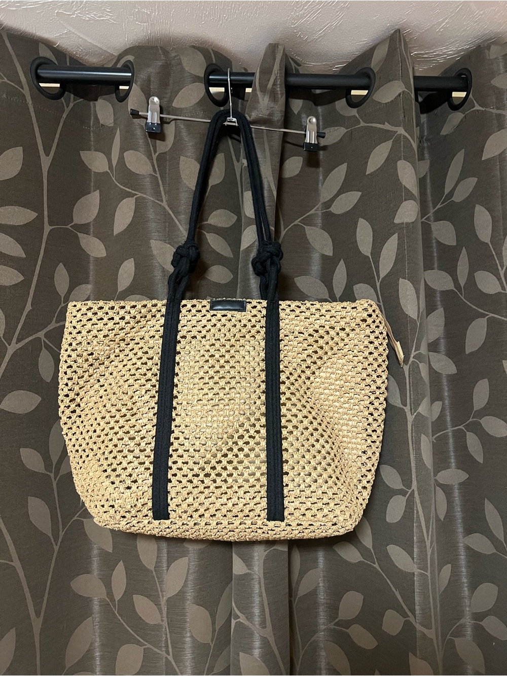 Woven Straw Tote Bag with Black Handles - Natural